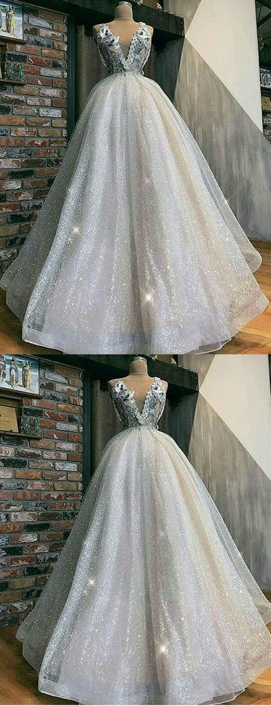 Sparkly Ivory Sequin Tylle Embroidery Applique V-Neck Ball Gown Prom Dresses cg997