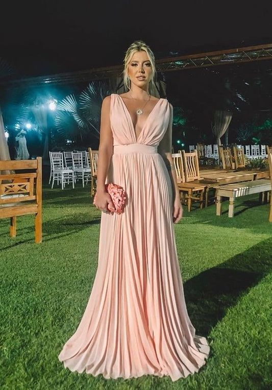 Pink A-line V Neck Chiffon Prom Dress   cg9979